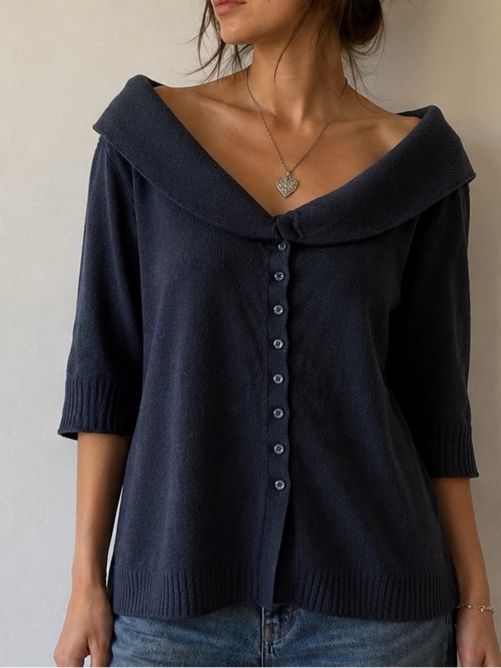 Soft‎ Surroundings Slate Blue Off Shoulder Sweater Large Coastal Grandma